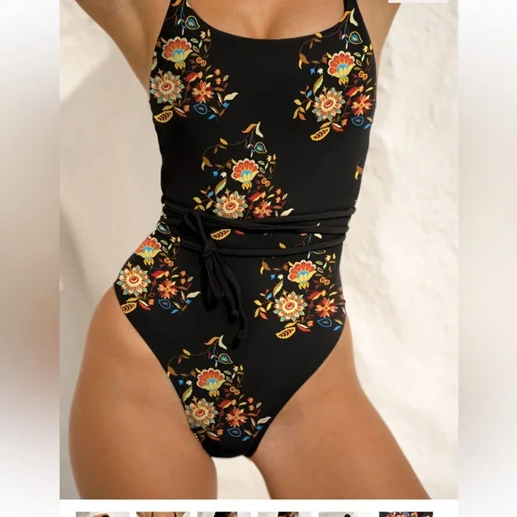 Berlook reversible Black Floral Cross Back One-Piece Swimsuit - Picture 2 of 7